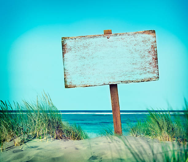 istock Beach Empty Plank Sign Banner Timber Coastline Summer Concept 526835932