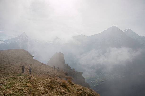 istock Hikers walk through foggy alpine meadow 526836661