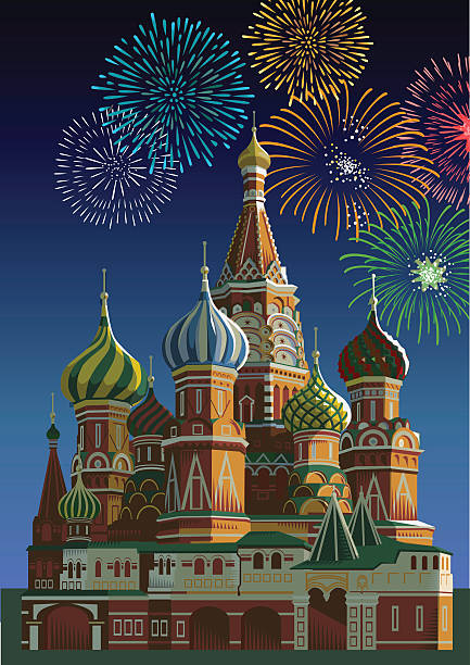 собор василия блаженного и фейерверки-москва - russia moscow russia st basils cathedral kremlin stock illustrations