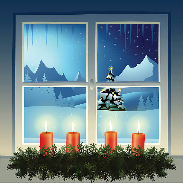 Christmas night View through a window at a mountain landscape in the christmas time. Four advent candles in the foreground. Download contains EPS 10, AI 10, AI CS5, PDF, JPEG (6000 x 6000 px). All elements are grouped and in separate layers. advent candle wreath adventskranz stock illustrations