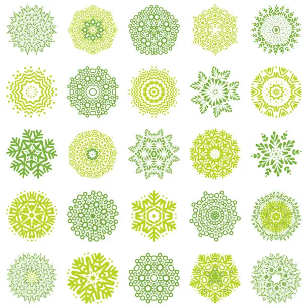 Vector illustration of set of abstract green snowflake pattern icon