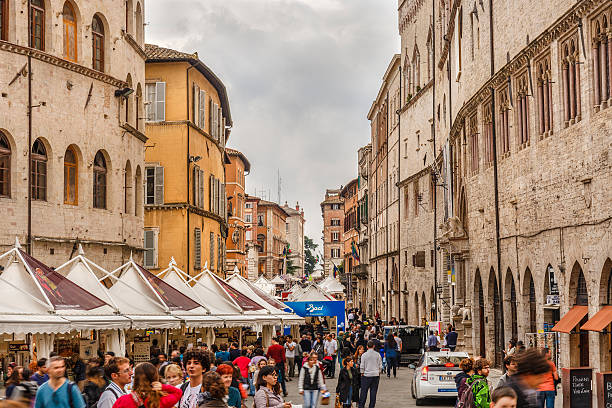 Eurochocolate is EuroChocolate is an annual chocolate festival that has been held in Perugia since 1993 and is one of the largest chocolate festivals in Europe. Perugia is the capital city of the region of Umbria, in centre Italy, located about 164 kilometres (102 miles) north of Rome, and 148 km (92 miles) south-east of Florence. -selective focus-