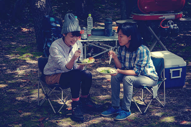 Women eating food in camp