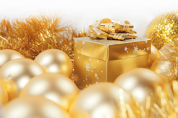 istock Golden hristmas gift box, baubles and ornaments 526840917