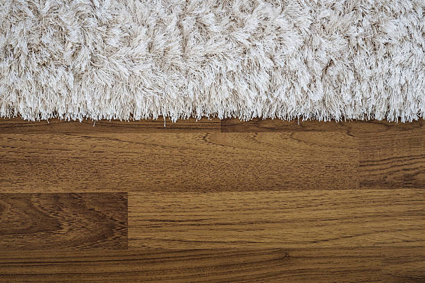 Close up fluffy luxury carpet on laminate wood floor Close up fluffy luxury carpet on laminate wood floor shag rug stock pictures, royalty-free photos & images