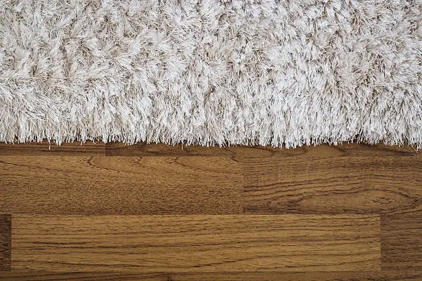 Photo of Close up fluffy luxury carpet on laminate wood floor