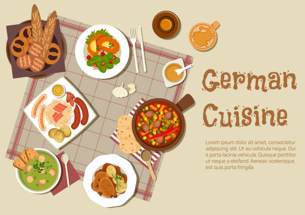 ilustraciones, imágenes clip art, dibujos animados e iconos de stock de auténticos platos de carne icono plano alemán - comida alemana