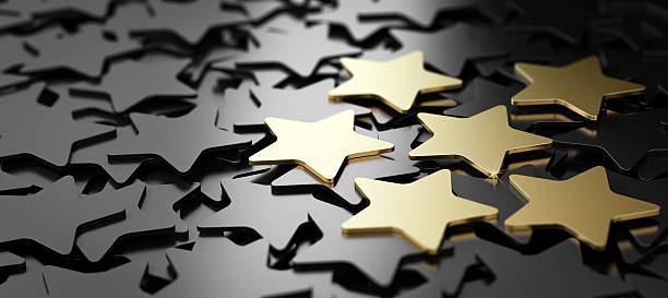 Excellent Customer Service, 6 Golden Stars. Six golden stars over black background. 3D illustration of high quality customer service performance assessment stock pictures, royalty-free photos & images