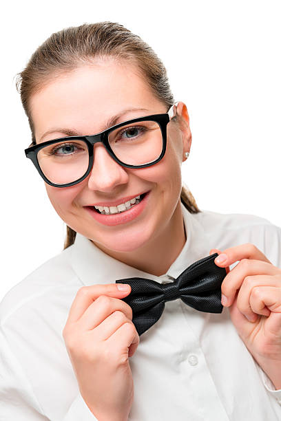 waitress girl correcting a black butterfly on her neck