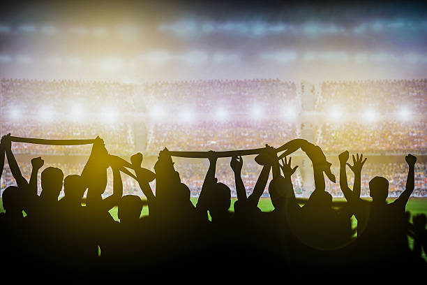 Silhouettes of soccer or rugby supporters in the stadium Silhouettes of soccer or rugby supporters in the stadium during match fan enthusiast photos stock pictures, royalty-free photos & images
