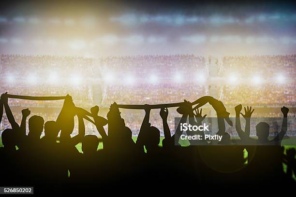 Silhouettes Of Soccer Or Rugby Supporters In The Stadium Stock Photo - Download Image Now