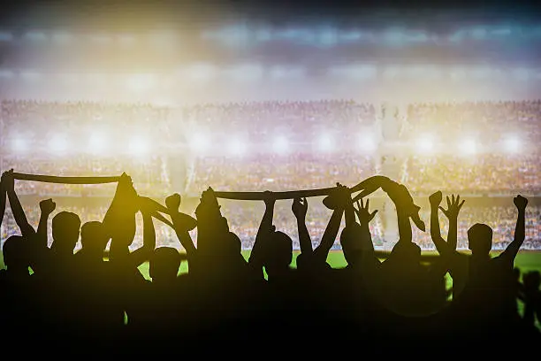 Silhouettes of soccer or rugby supporters in the stadium during match