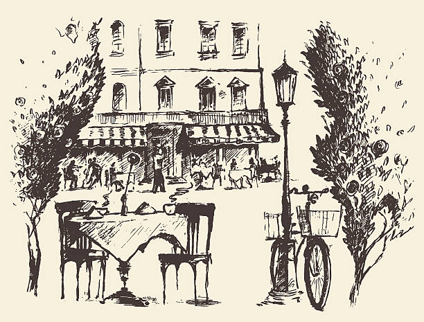 streets paris vector cafe vintage drawn sketch - fransa illüstrasyonlar stock illustrations