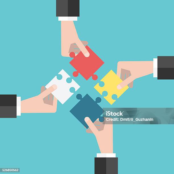 Four Hands Putting Puzzles Stock Illustration - Download Image Now - Puzzle, Four Objects, Four People