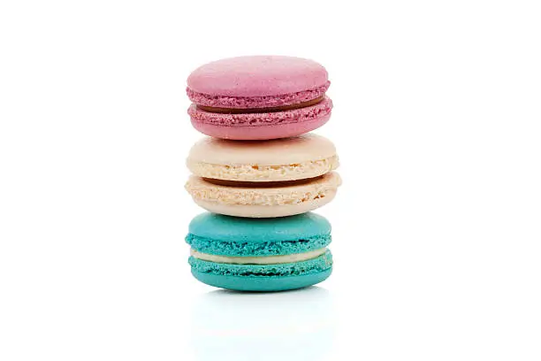 Photo of Three multicolored stacked macaroons isolated