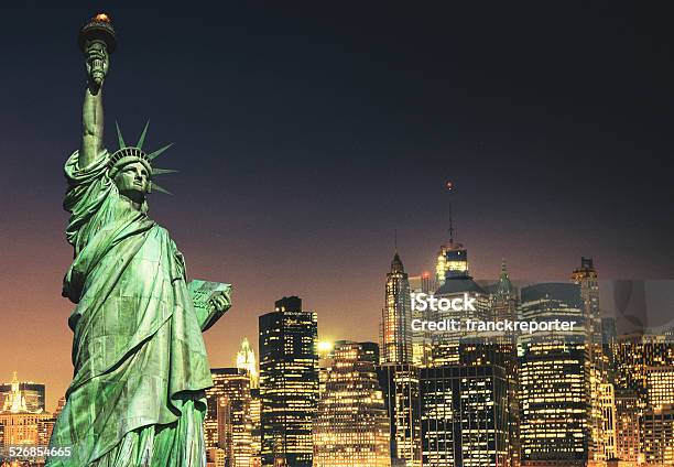 Statue Of Liberty And New York City Skyline Stock Photo - Download Image Now - Night, Statue of Liberty - New York City, Manhattan - New York City