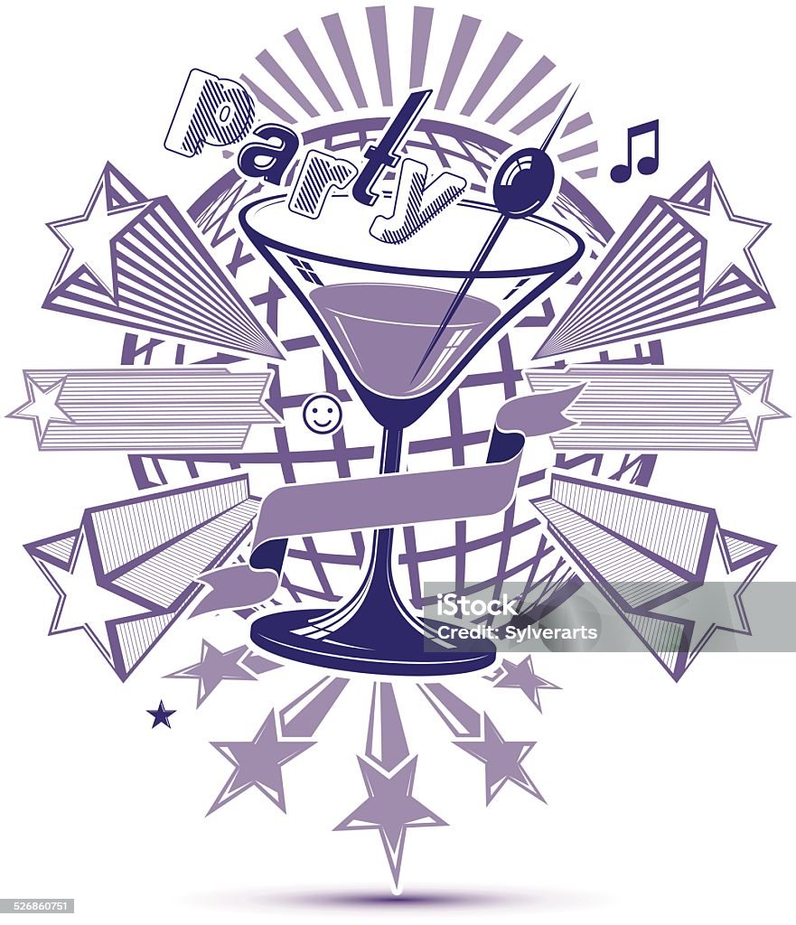 Celebrative leisure monochrome backdrop with musical notes Celebrative leisure monochrome backdrop with musical notes and salute - lounge theme poster. Glass martini goblet placed over earth symbol. Design elements easy to use separately. Gala stock vector