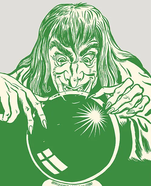 Vector illustration of Witch Looking into Crystal Ball