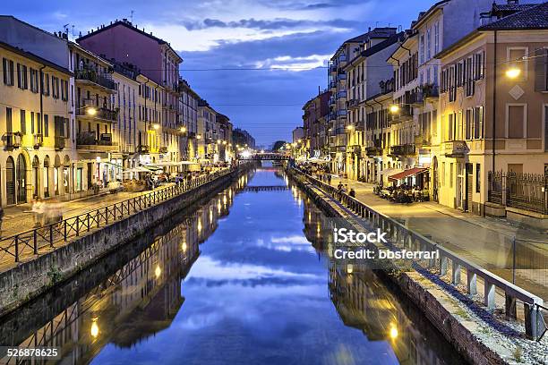 Naviglio Grande Canal In The Evening Milan Stock Photo - Download Image Now - Navigli, Milan, Night