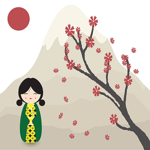 ilustraciones, imágenes clip art, dibujos animados e iconos de stock de kokeshi muñeca con sakura branch - chica kimono del anime