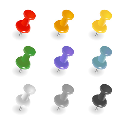 Set of push pins in different colors. Thumbtacks. Top view. Vector illustration. Isolated on white background.