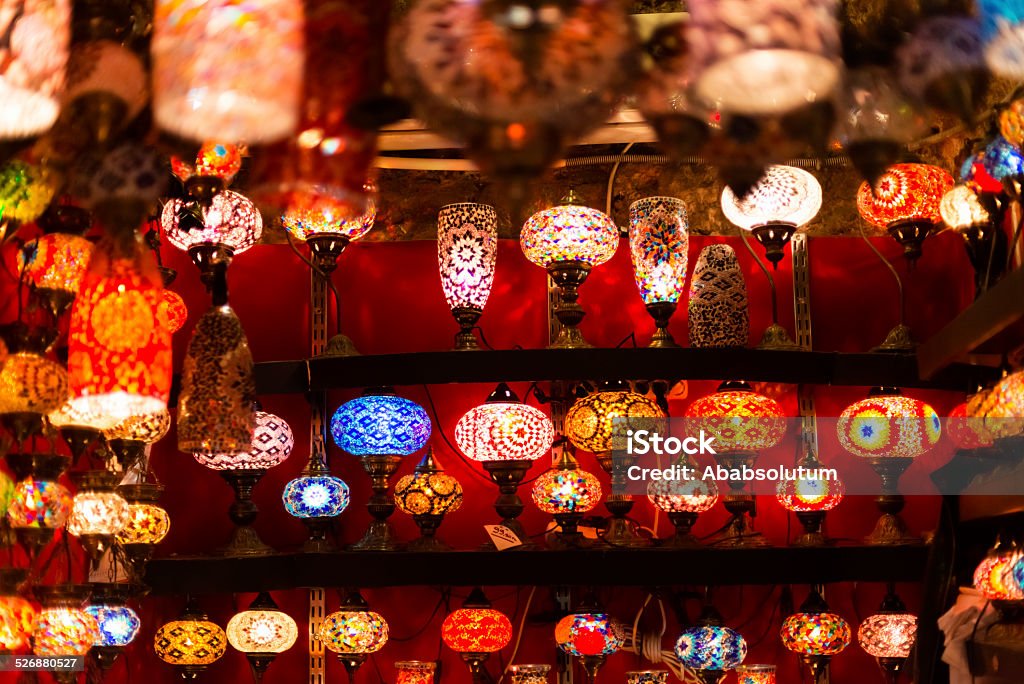 Multi-Colored Decorative Turkish Lamps, Grand Bazaar Istanbul Beautiful Turkish lanterns at Grand bazaar, Istanbul, Turkey, Europe. Arabic Style Stock Photo