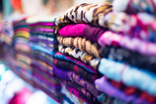 Pashmina scarves on a stall in Grand Bazaar, Istanbul,Turkey. Blurred background. Nikon D800.