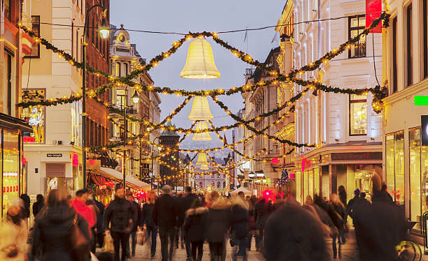 Christmas street in December afternoon. stock photo