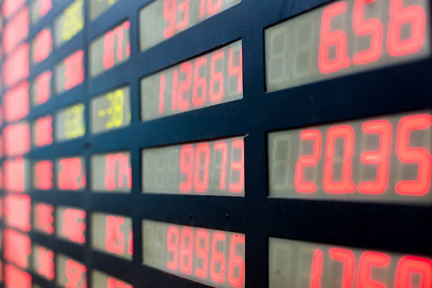 istock stock or currency exchange market displau screen board 526884207