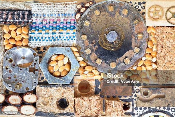 Background From Wooden And Mechanical Objects Stock Photo - Download Image Now - Abstract, Art And Craft, Built Structure