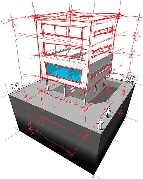 ilustrações de stock, clip art, desenhos animados e ícones de casa moderna panorama além de diagrama - functionalistic architecture flat roof built structure house