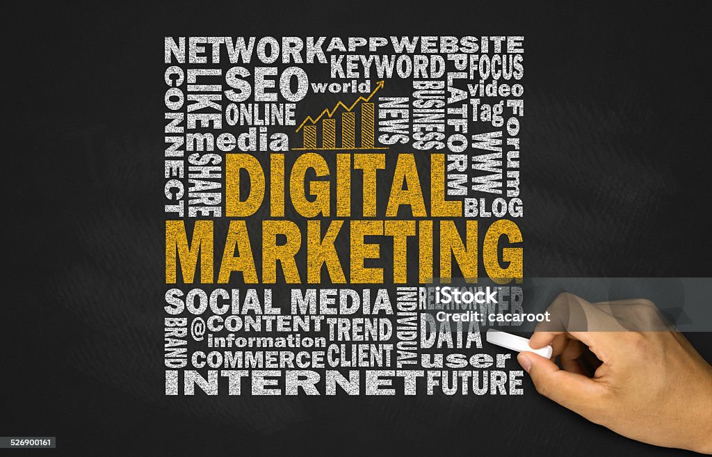 digital marketing concept on blackboard Business Stock Photo