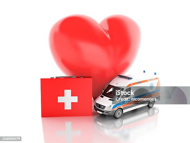 Red Heart First Aid Kit And Ambulance 3d Illustration Stock Photo - Download Image Now