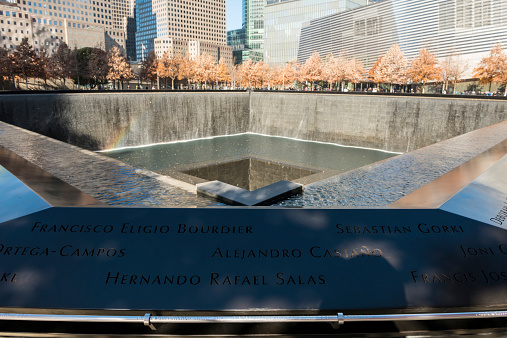 New York, USA - November 18, 2014: Mid morning at the sombering Ground Zero Memorial at Ground Zero in Lower Manhattan.  