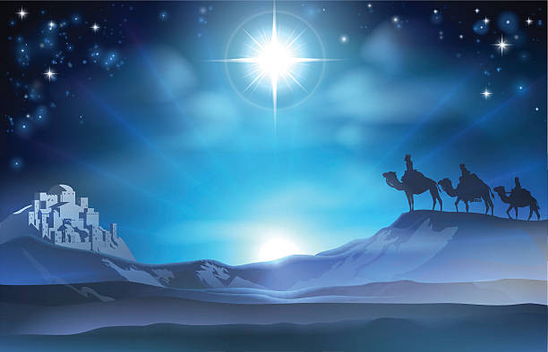 Christmas Nativity Star and Wise Men Christmas Christian Nativity scene of the Star and three Wise Men and Bethlehem in the background nativety stock illustrations