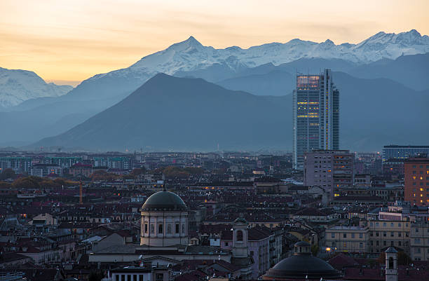 Aerial view of Turin at sunset stock photo