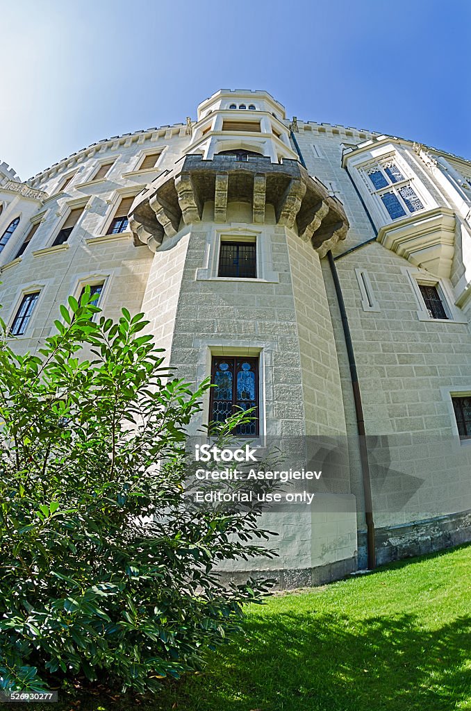 tower of Hluboka nad Vltavou castle Hluboka nad Vltavou, Czech Republic - September 6, 2013: The Hluboka Castle (German: Schloss Frauenberg) considered one of the most beautiful castles of the Czech Republic and is a National Cultural Monument of the Czech Republic.  Architecture Stock Photo