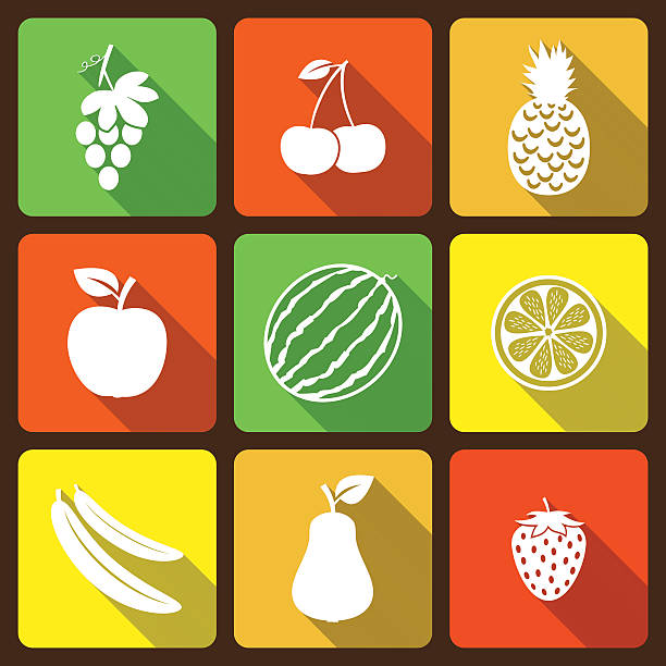 ilustraciones, imágenes clip art, dibujos animados e iconos de stock de frutas iconos plana con larga sombra - portion apple food pattern
