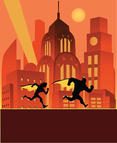 A cartoon silhouette illustration a superhero and his sidekick running in the night, patrolling the city they protect.