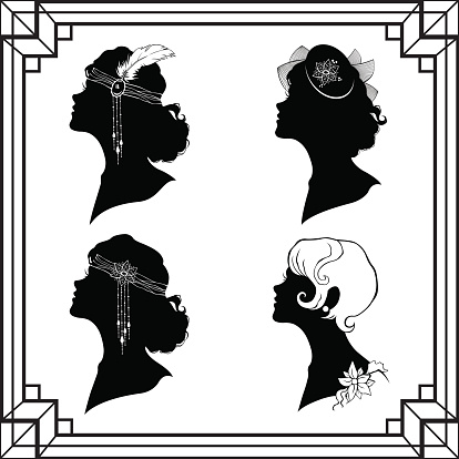 Set of the girl`s silhouette with hair in retro style, with a variety of accessories