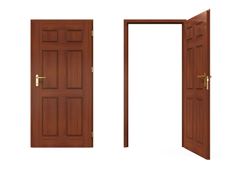 Closed and Open Doors isolated on white background. 3D render