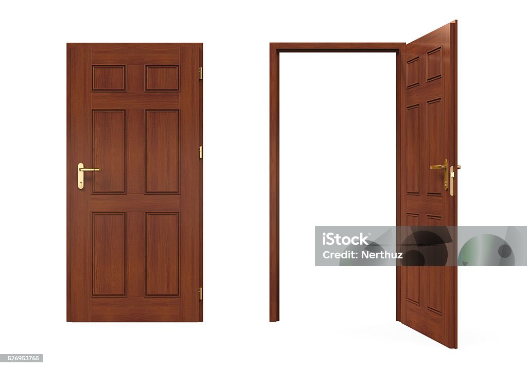 Closed and Open Doors Isolated Closed and Open Doors isolated on white background. 3D render Door Stock Photo