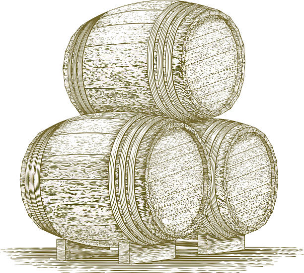 Woodcut Whiskey Barrel Stack vector art illustration