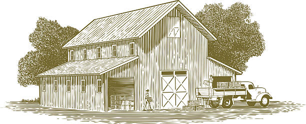 木版ファーム作業シーン - car people men barn点のイラスト素材／クリップア�ート素材／マンガ素材／アイコン素材