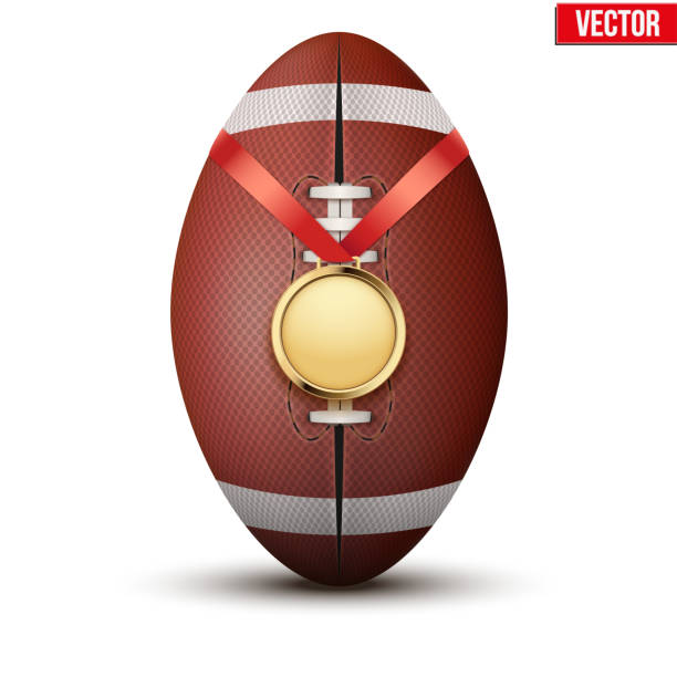 istock Gold medal with ribbon for american football hangs on ball. 526956829
