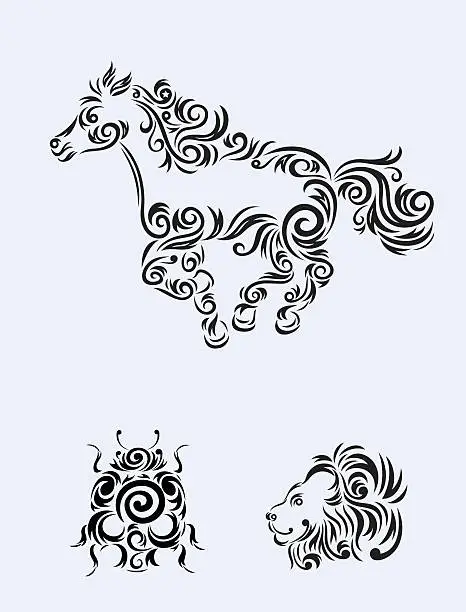 Vector illustration of Animal set floral ornament