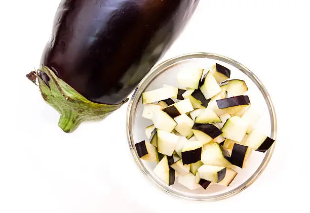 Photo of Cubes of eggplant on bowl from above
