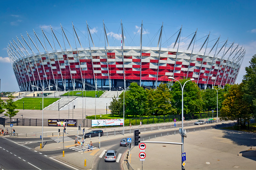 Warsaw, Poland - July 27, 2014: Warsaw National Stadium. The stadium was constructed in 2011, designed for football matches, several of which were held in the framework of the European Football Championship in 2012. 