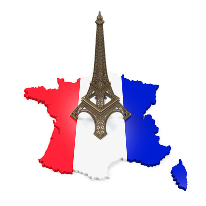 Map of France and Eiffel Tower isolated on white background. 3D render