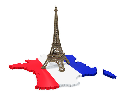 Map of France and Eiffel Tower isolated on white background. 3D render